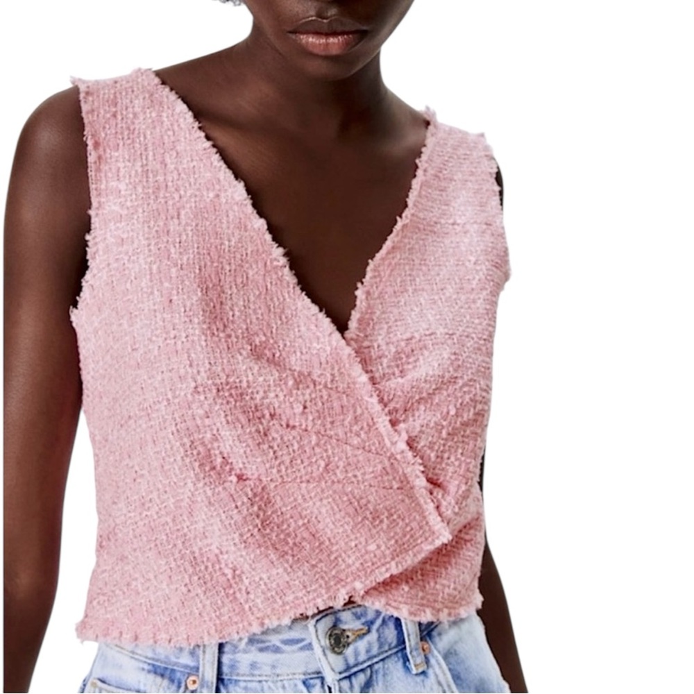 Zara Womens Pink Textured Tweed Crop Top V Neck Frayed Hem Side Zip Size XS